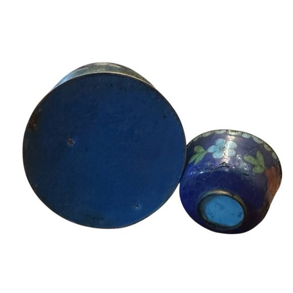 Pair x2 Ancient Chinese Cloisonne Jars Tea Caddy Box Floral Printed Enamel - Picture 7 of 7